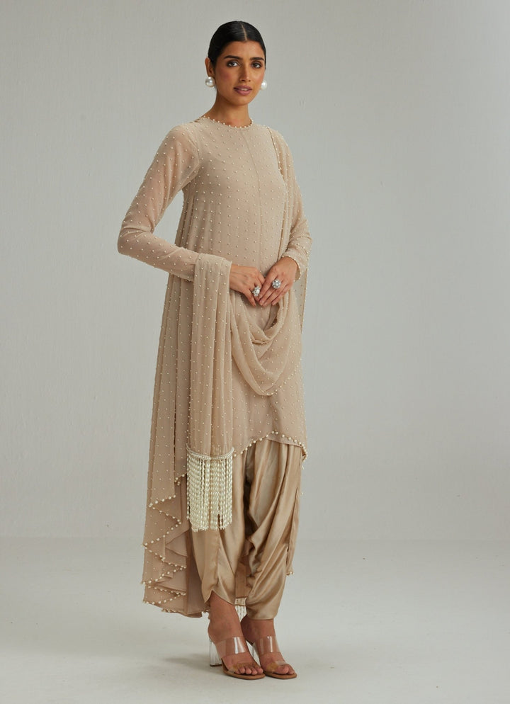 Beige Gold Embroidered Kurta With Dhoti Salwar And Dupatta Vvani by Vani Vats - Fabilicious Fashion