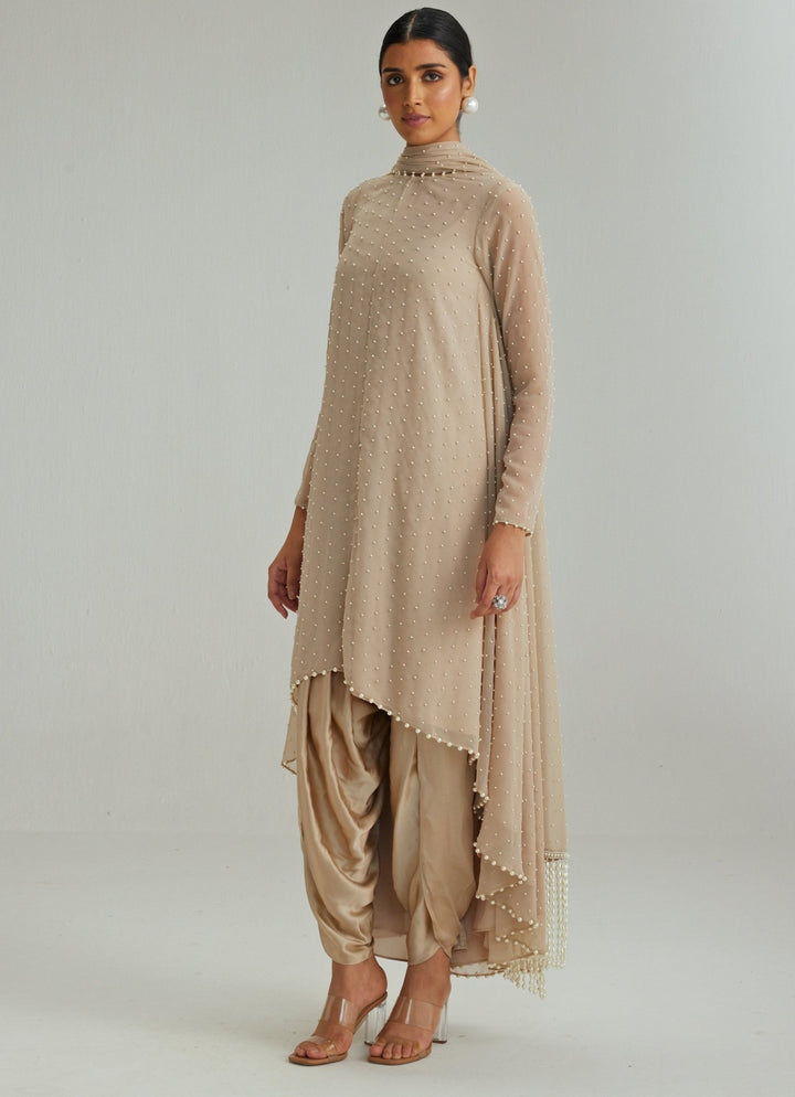 Beige Gold Embroidered Kurta With Dhoti Salwar And Dupatta Vvani by Vani Vats - Fabilicious Fashion