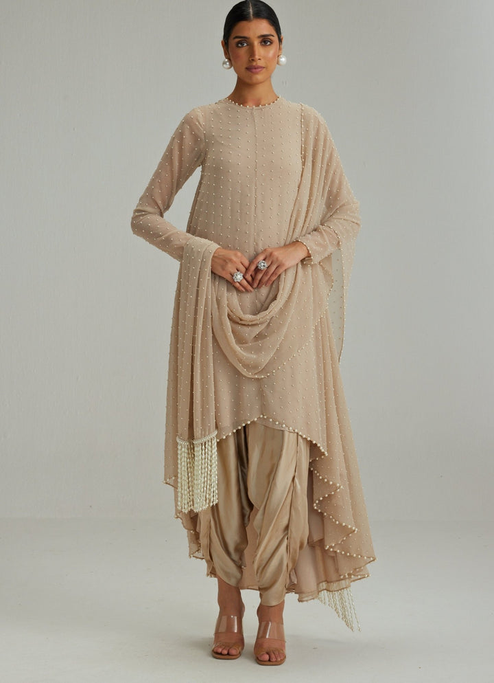 Beige Gold Embroidered Kurta With Dhoti Salwar And Dupatta Vvani by Vani Vats - Fabilicious Fashion