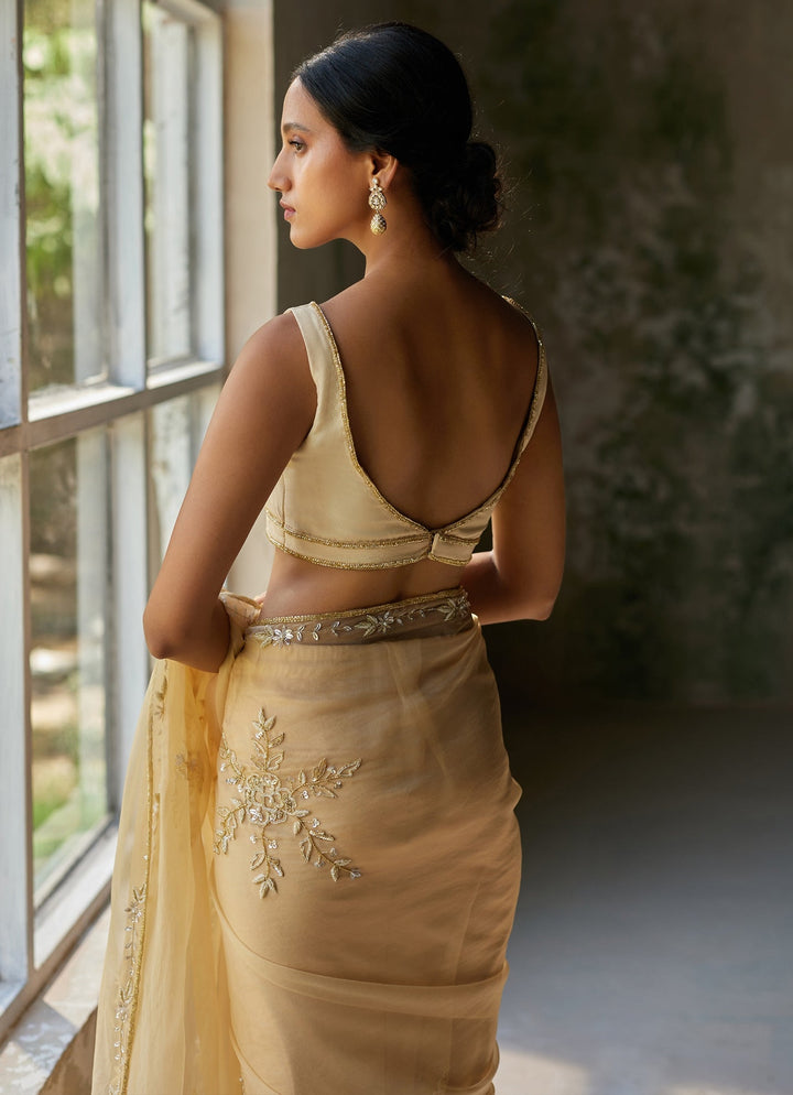 Beige Gold Embroidered Pure Silk Organza Saree Zoon Tribe - Fabilicious Fashion