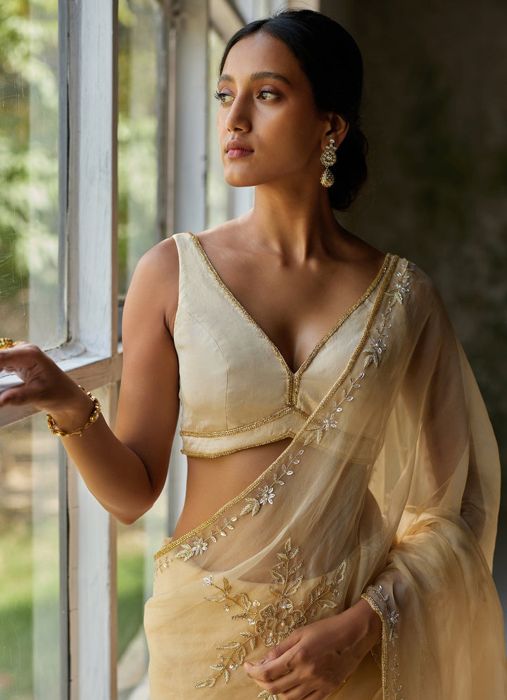 Beige Gold Embroidered Pure Silk Organza Saree Zoon Tribe - Fabilicious Fashion