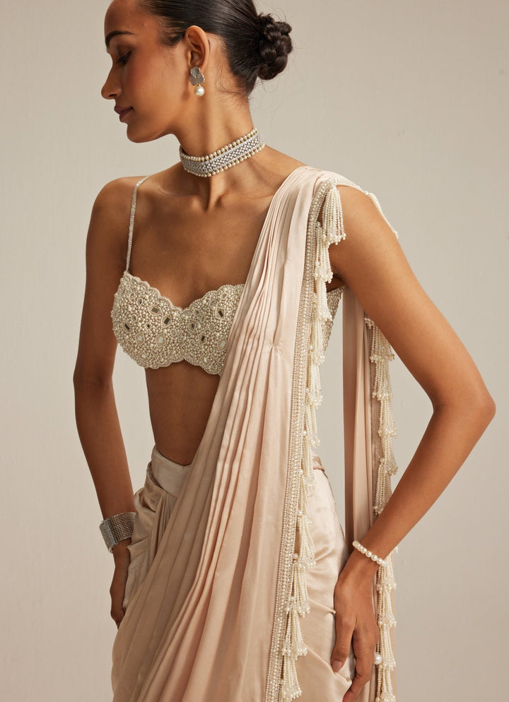 Beige Gold Georgette Pre Draped Saree With Pearl Blouse Vvani by Vani Vats - Fabilicious Fashion