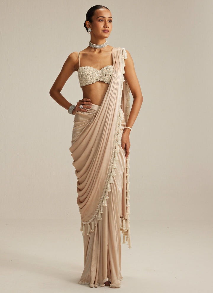 Beige Gold Georgette Pre Draped Saree With Pearl Blouse Vvani by Vani Vats - Fabilicious Fashion