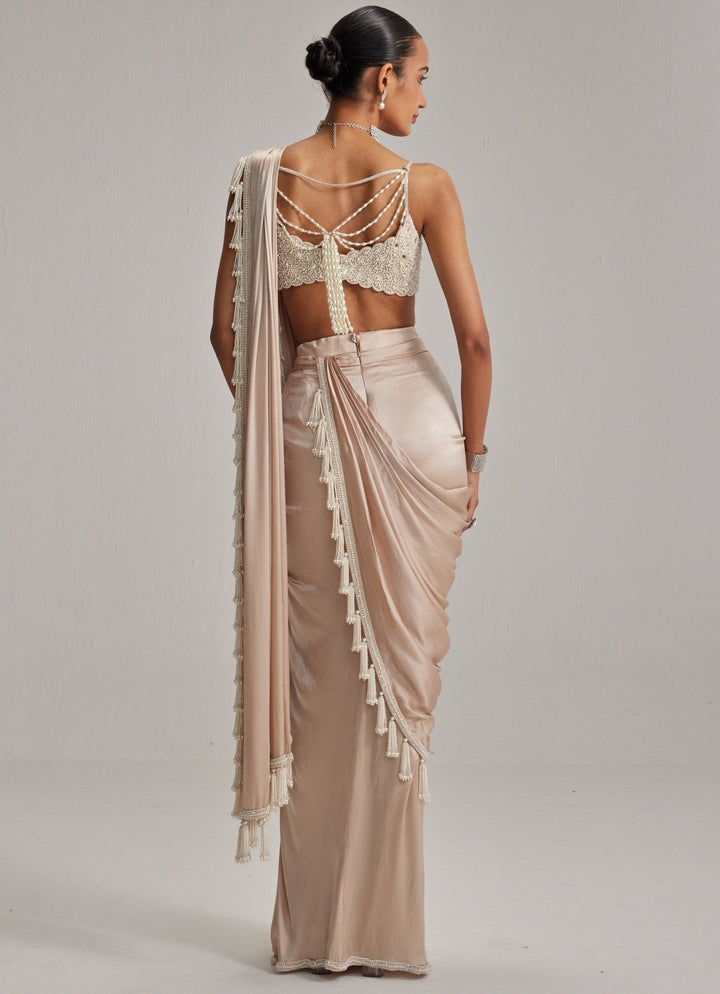 Beige Gold Georgette Pre Draped Saree With Pearl Blouse Vvani by Vani Vats - Fabilicious Fashion