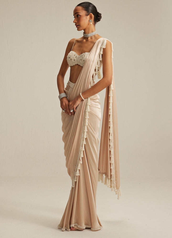 Beige Gold Georgette Pre Draped Saree With Pearl Blouse Vvani by Vani Vats - Fabilicious Fashion