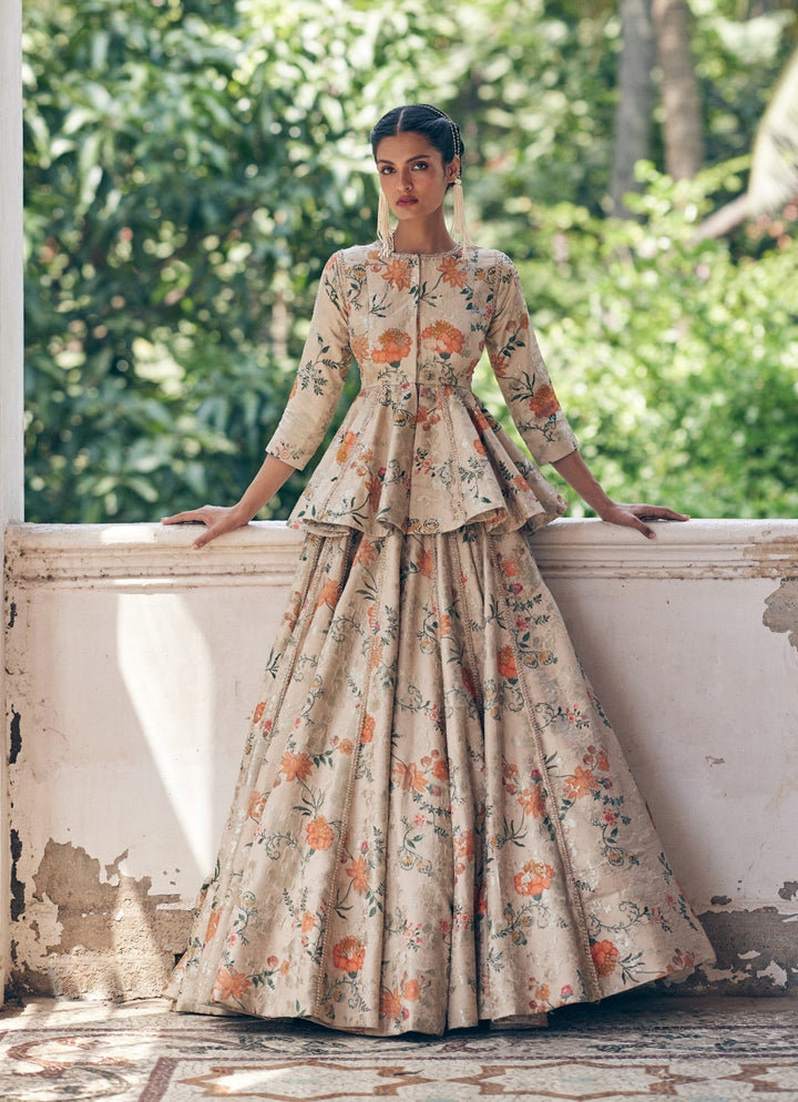 Beige Gold Jacquard Peplum Lehenga Set Paulmi and Harsh - Fabilicious Fashion