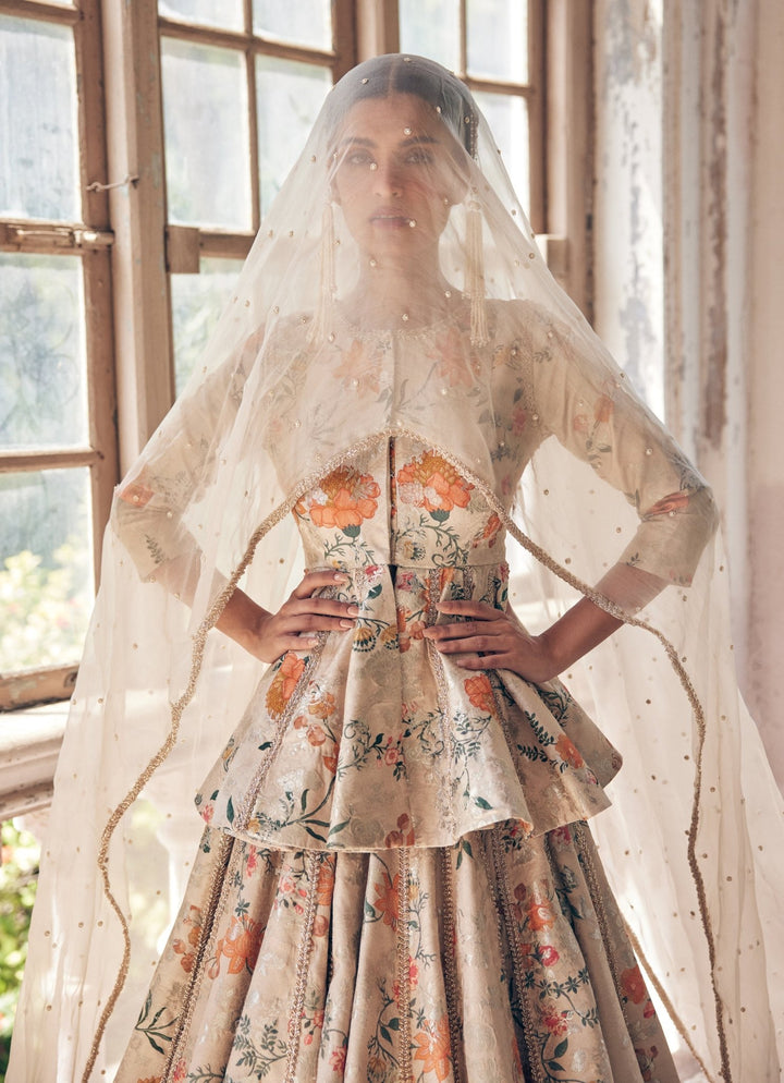 Beige Gold Jacquard Peplum Lehenga Set Paulmi and Harsh - Fabilicious Fashion