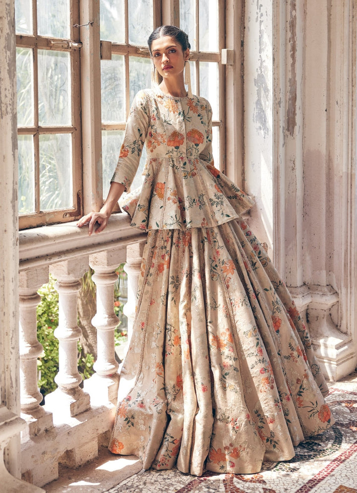 Beige Gold Jacquard Peplum Lehenga Set Paulmi and Harsh - Fabilicious Fashion