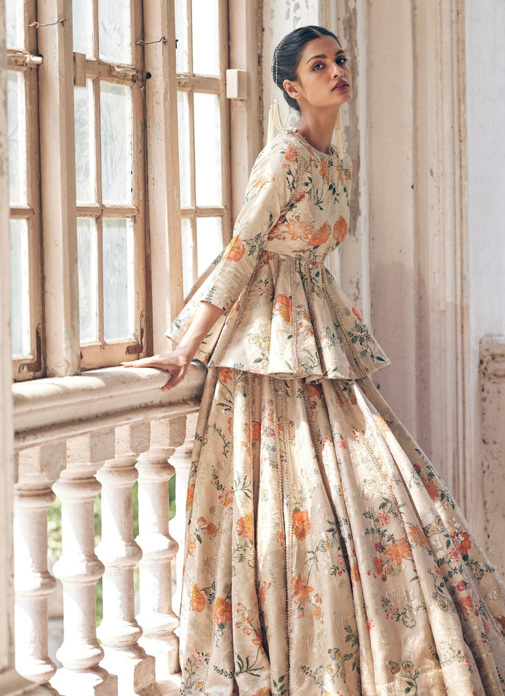 Beige Gold Jacquard Peplum Lehenga Set Paulmi and Harsh - Fabilicious Fashion
