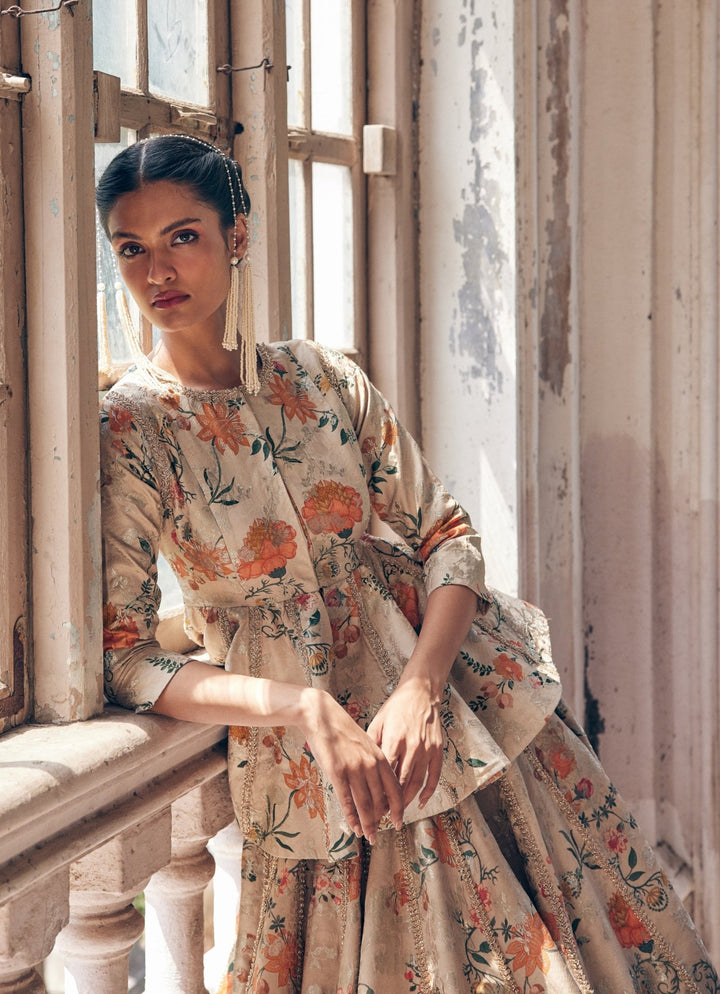 Beige Gold Jacquard Peplum Lehenga Set Paulmi and Harsh - Fabilicious Fashion