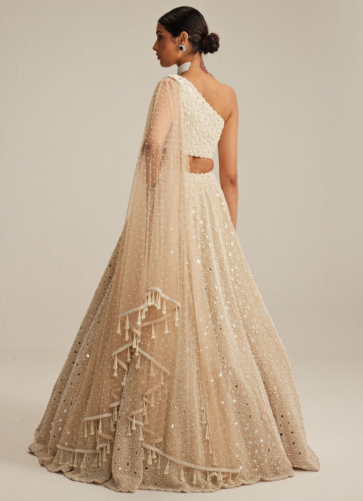 Beige Gold Organza Lehenga With Draped One Shoulder Trail Vvani by Vani Vats - Fabilicious Fashion