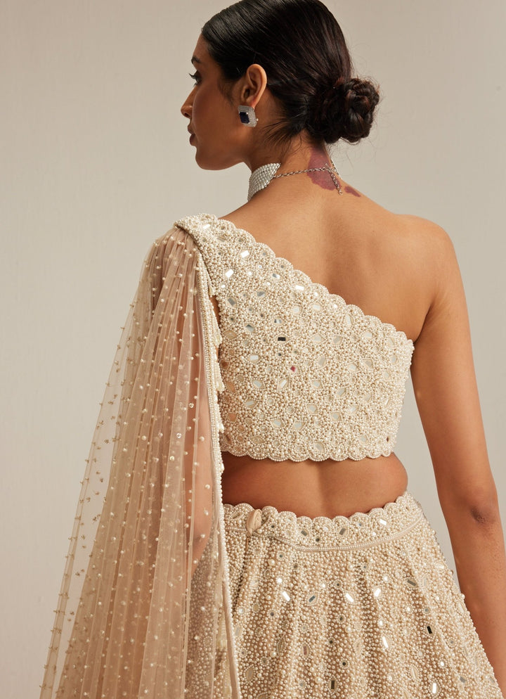 Beige Gold Organza Lehenga With Draped One Shoulder Trail Vvani by Vani Vats - Fabilicious Fashion