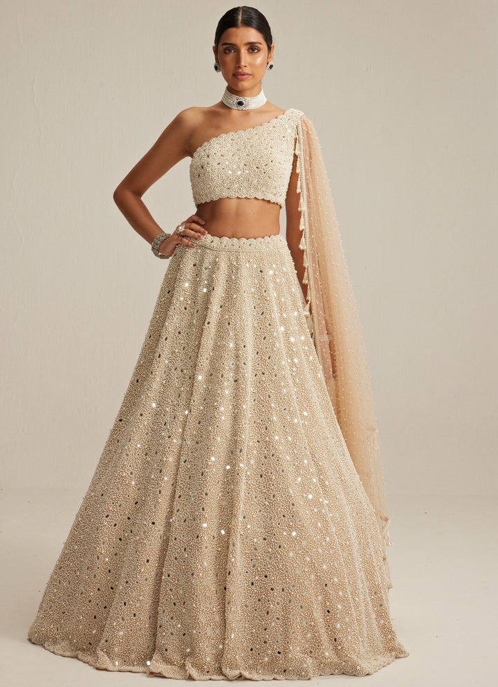 Beige Gold Organza Lehenga With Draped One Shoulder Trail Vvani by Vani Vats - Fabilicious Fashion