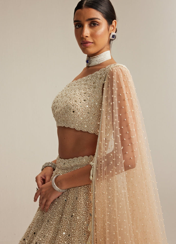Beige Gold Organza Lehenga With Draped One Shoulder Trail Vvani by Vani Vats - Fabilicious Fashion