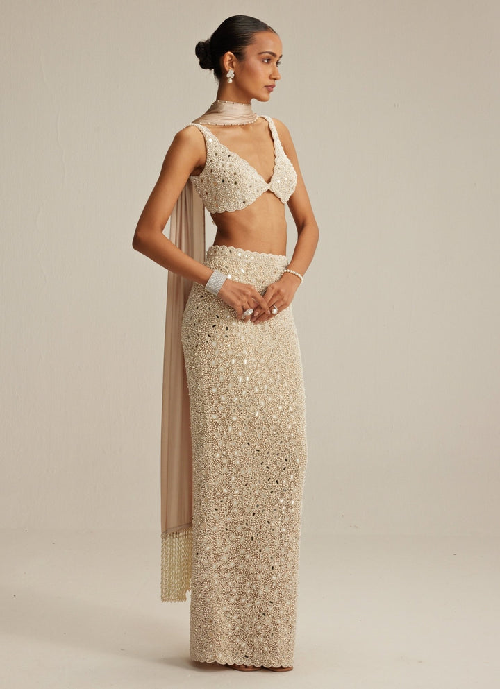 Beige Gold Pearl Embroidered Pencil Skirt With V Neck Blouse Vvani by Vani Vats - Fabilicious Fashion