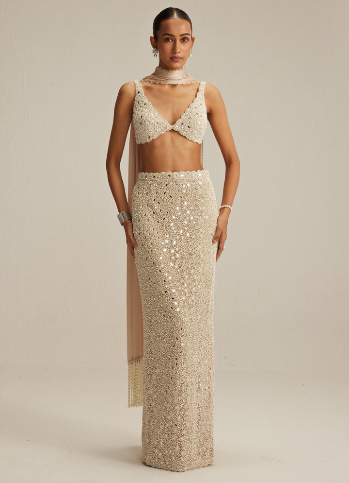 Beige Gold Pearl Embroidered Pencil Skirt With V Neck Blouse Vvani by Vani Vats - Fabilicious Fashion