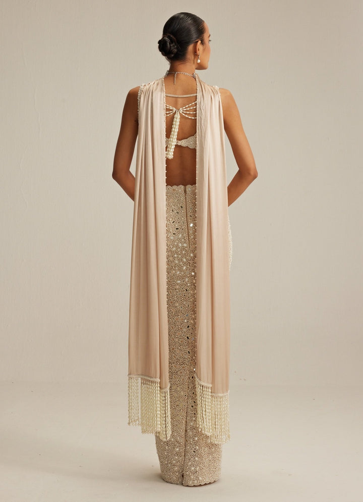 Beige Gold Pearl Embroidered Pencil Skirt With V Neck Blouse Vvani by Vani Vats - Fabilicious Fashion