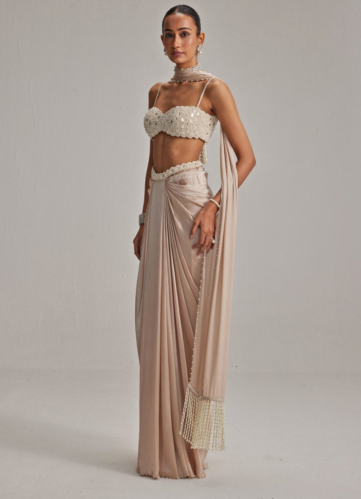 Beige Gold Pearl Embroidered Satin Drape Skirt Set Vvani by Vani Vats - Fabilicious Fashion