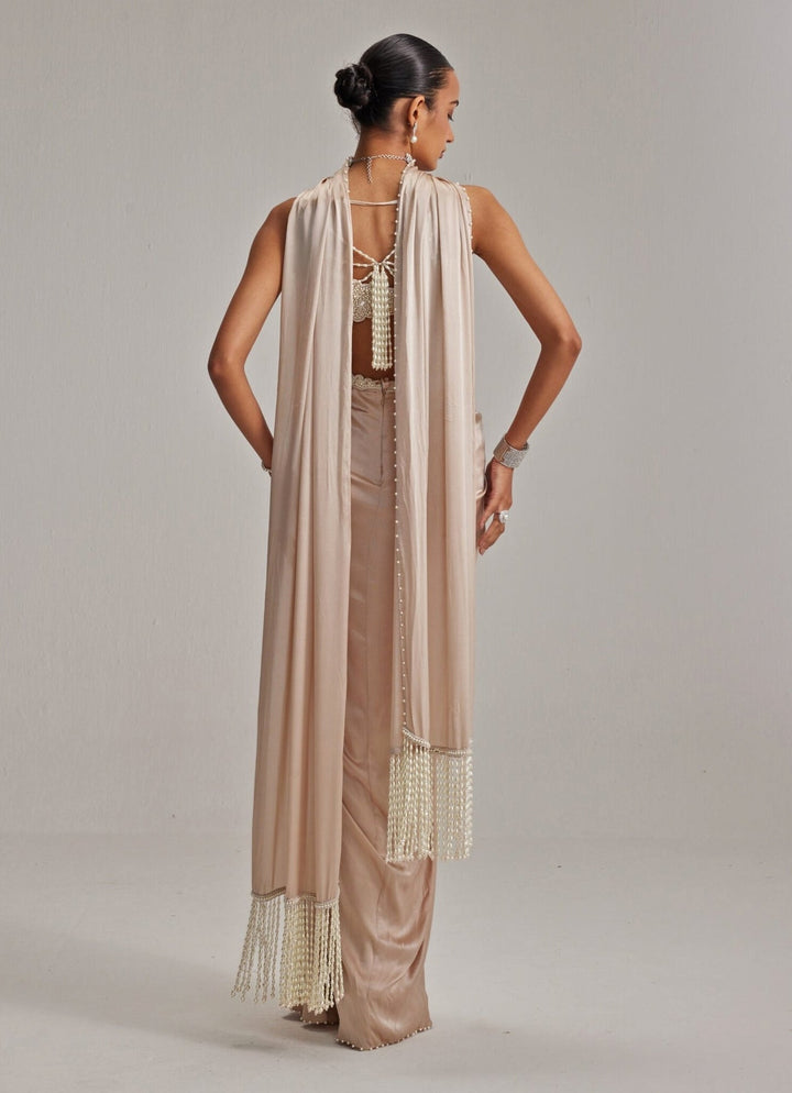 Beige Gold Pearl Embroidered Satin Drape Skirt Set Vvani by Vani Vats - Fabilicious Fashion