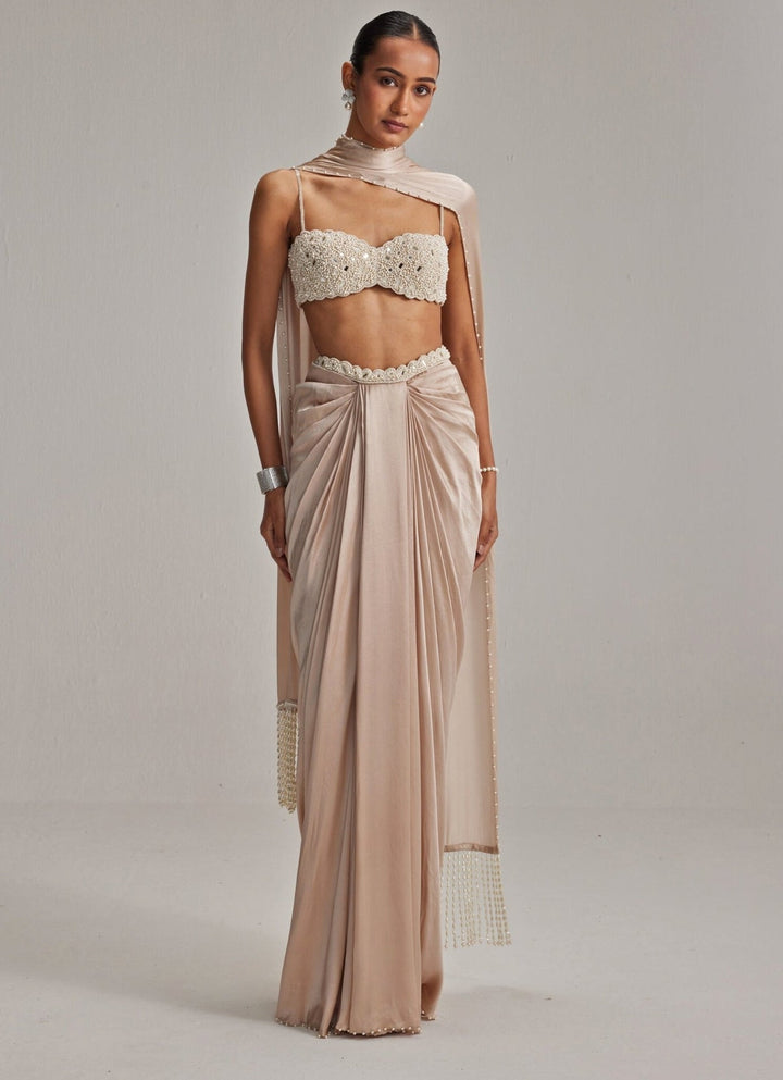 Beige Gold Pearl Embroidered Satin Drape Skirt Set Vvani by Vani Vats - Fabilicious Fashion