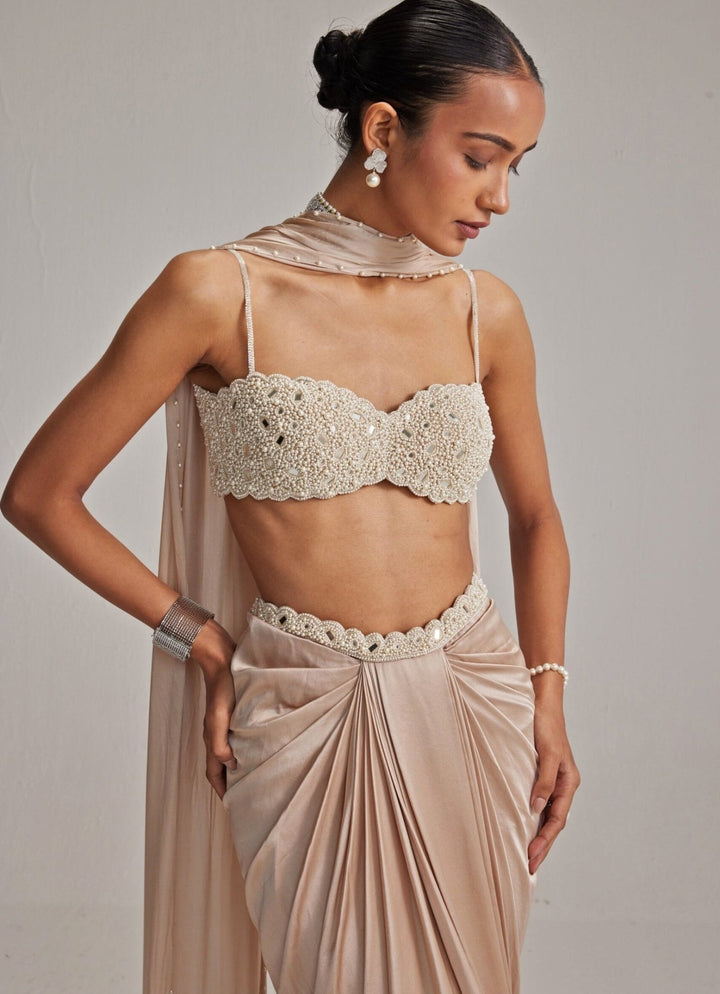 Beige Gold Pearl Embroidered Satin Drape Skirt Set Vvani by Vani Vats - Fabilicious Fashion