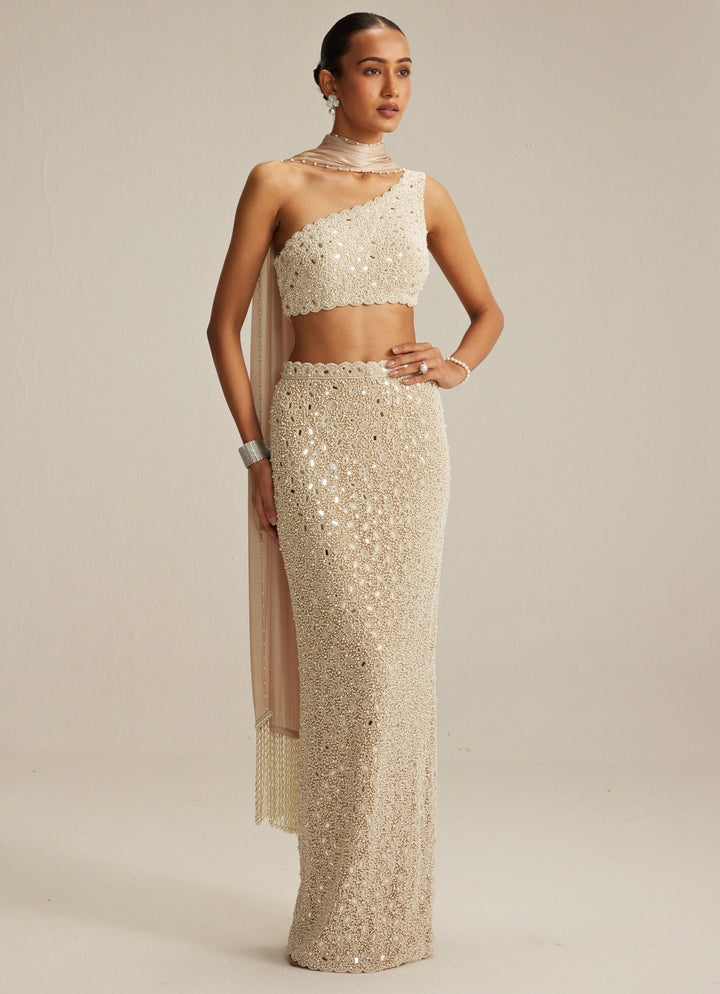 Beige Gold Pencil Skirt With One Shoulder Blouse And Stole Vvani by Vani Vats - Fabilicious Fashion