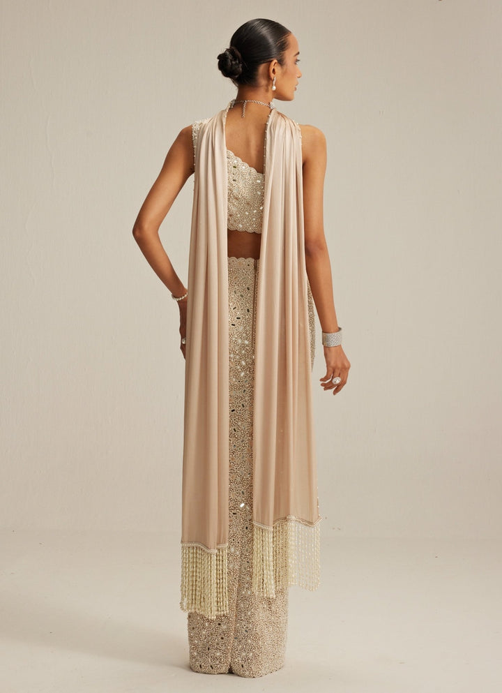 Beige Gold Pencil Skirt With One Shoulder Blouse And Stole Vvani by Vani Vats - Fabilicious Fashion