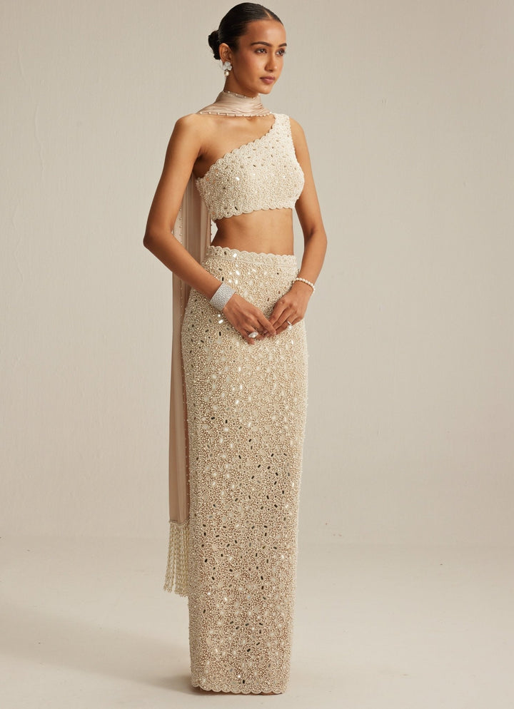 Beige Gold Pencil Skirt With One Shoulder Blouse And Stole Vvani by Vani Vats - Fabilicious Fashion