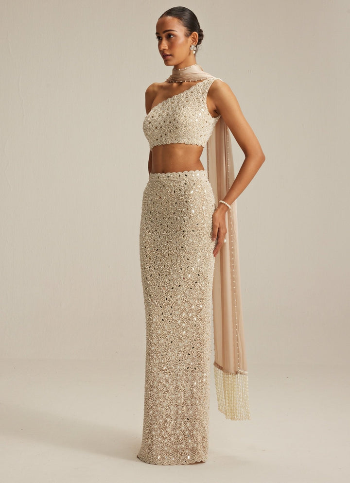 Beige Gold Pencil Skirt With One Shoulder Blouse And Stole Vvani by Vani Vats - Fabilicious Fashion