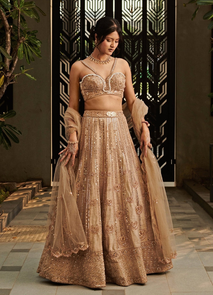 Beige Gold Raw Silk Zari And Mirror Embroidered Lehenga Set Jigar and Nikita - Fabilicious Fashion