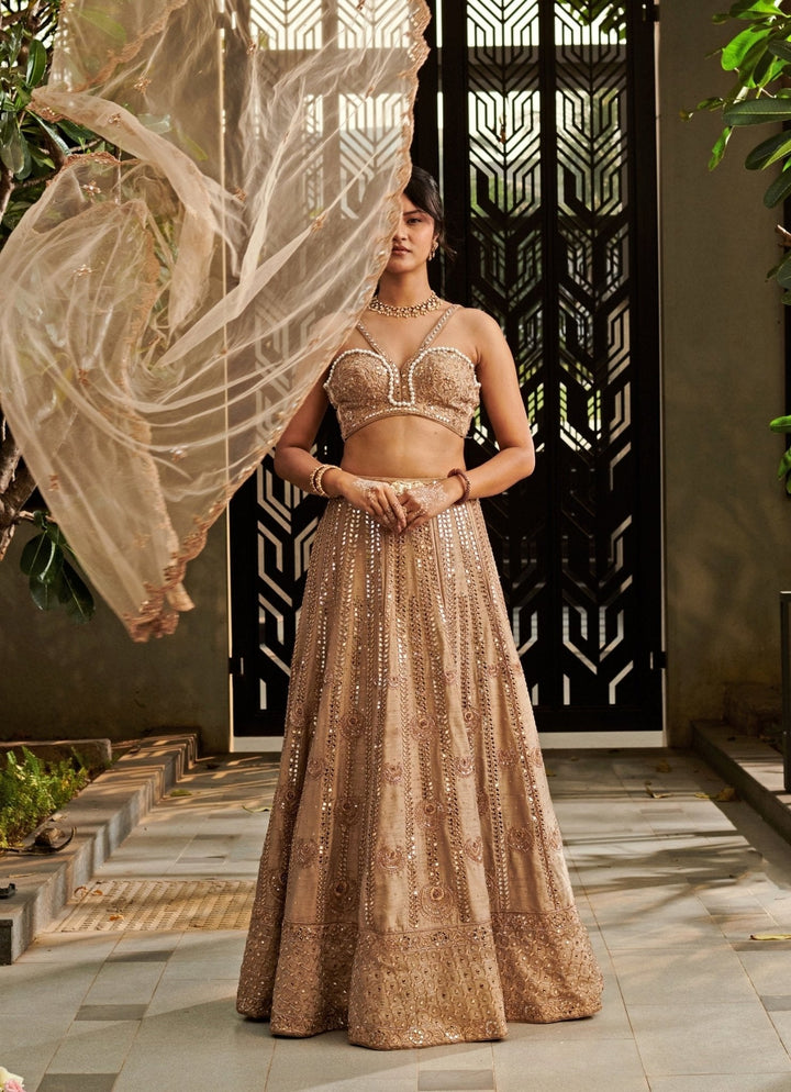 Beige Gold Raw Silk Zari And Mirror Embroidered Lehenga Set Jigar and Nikita - Fabilicious Fashion