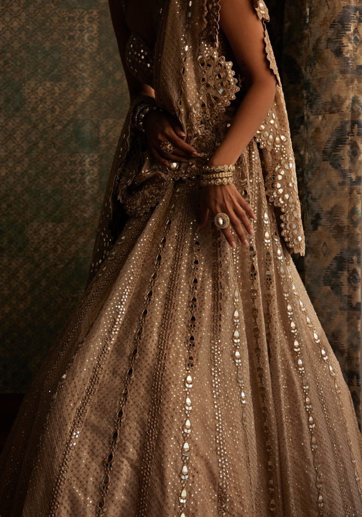 Beige Gold Sequins Lehenga With Embroidered Blouse Vvani by Vani Vats - Fabilicious Fashion
