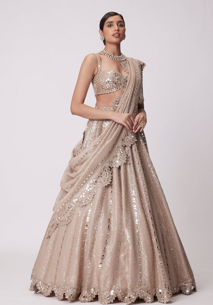 Beige Gold Sequins Lehenga With Embroidered Blouse Vvani by Vani Vats - Fabilicious Fashion