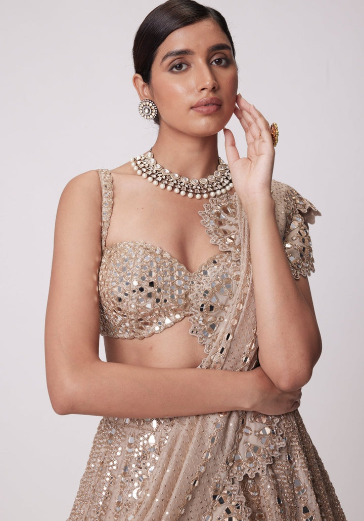 Beige Gold Sequins Lehenga With Embroidered Blouse Vvani by Vani Vats - Fabilicious Fashion