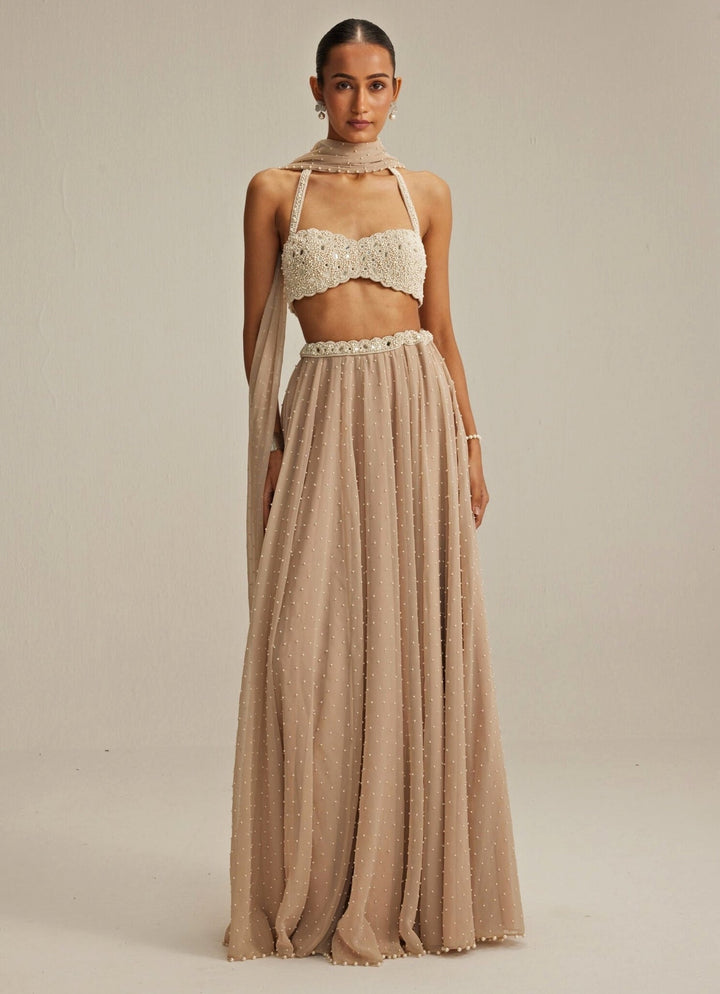 Beige Gold Skirt Set With Halter Neck Blouse Vvani by Vani Vats - Fabilicious Fashion
