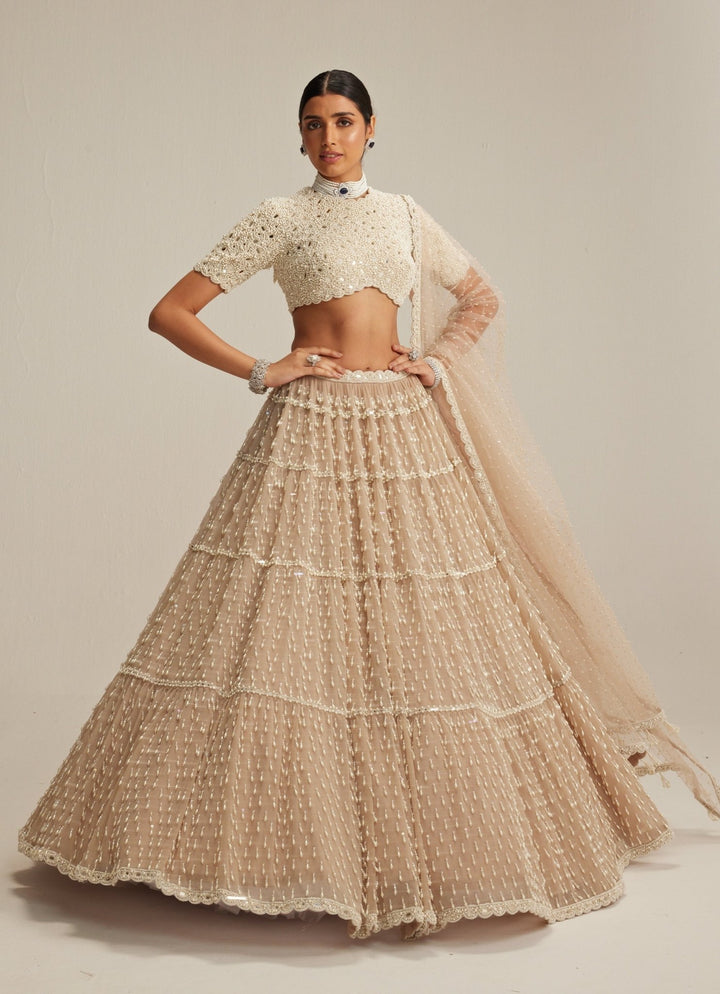 Beige Gold Tiered Georgette Classic Lehenga Set Vvani by Vani Vats - Fabilicious Fashion