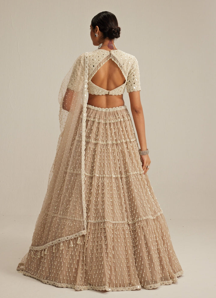 Beige Gold Tiered Georgette Classic Lehenga Set Vvani by Vani Vats - Fabilicious Fashion