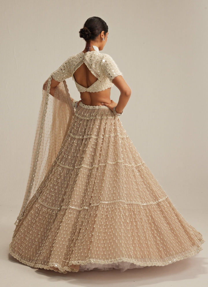 Beige Gold Tiered Georgette Classic Lehenga Set Vvani by Vani Vats - Fabilicious Fashion