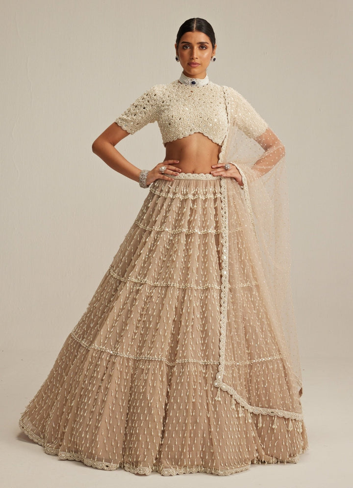 Beige Gold Tiered Georgette Classic Lehenga Set Vvani by Vani Vats - Fabilicious Fashion