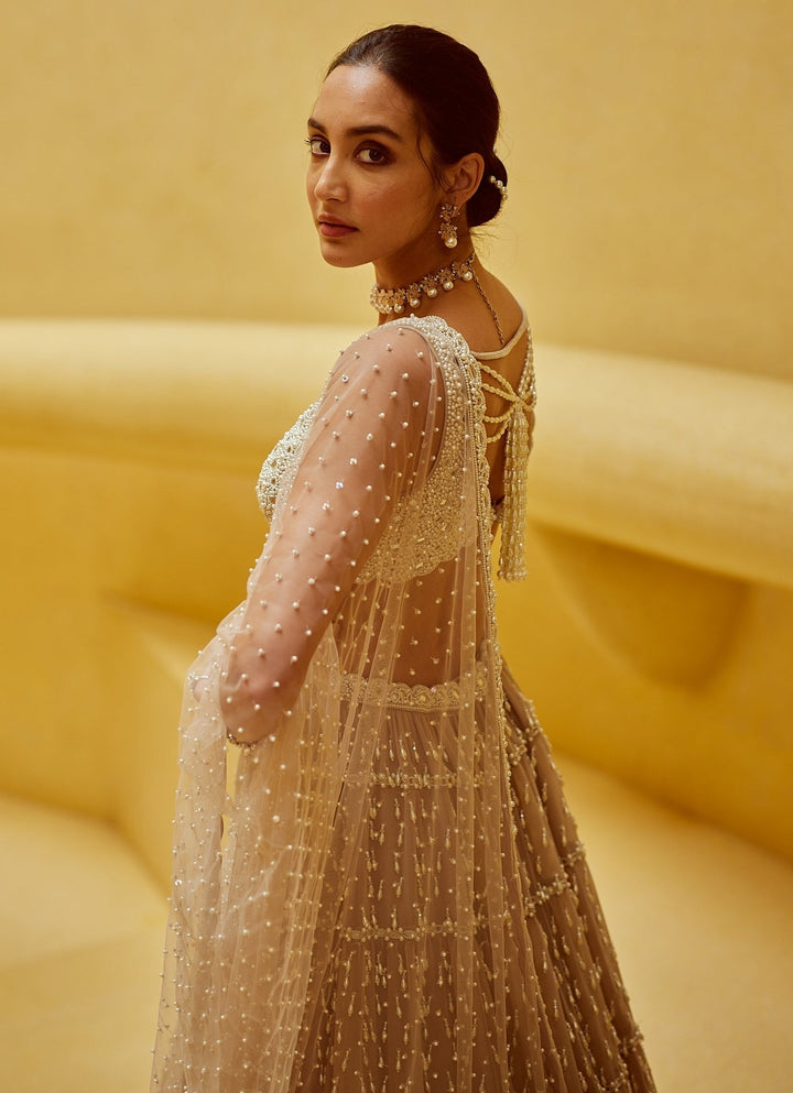 Beige Gold Tiered Georgette Lehenga Set Vvani by Vani Vats - Fabilicious Fashion