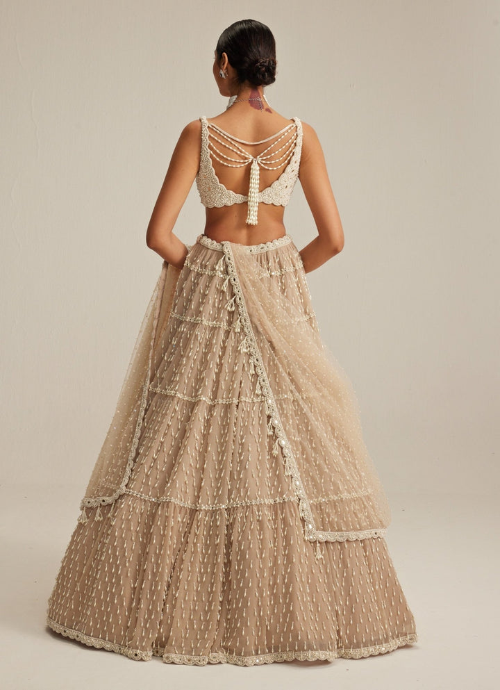 Beige Gold Tiered Georgette Lehenga Set Vvani by Vani Vats - Fabilicious Fashion