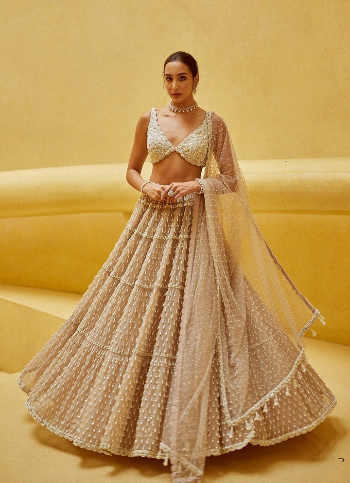 Beige Gold Tiered Georgette Lehenga Set Vvani by Vani Vats - Fabilicious Fashion