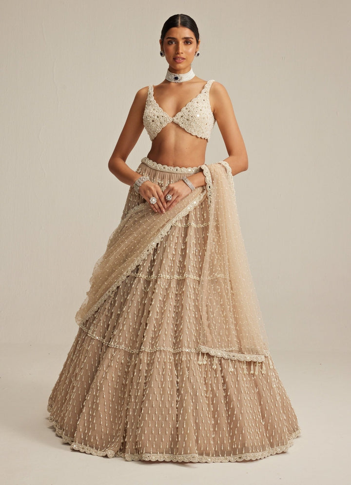 Beige Gold Tiered Georgette Lehenga Set Vvani by Vani Vats - Fabilicious Fashion