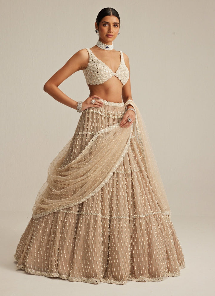 Beige Gold Tiered Georgette Lehenga Set Vvani by Vani Vats - Fabilicious Fashion