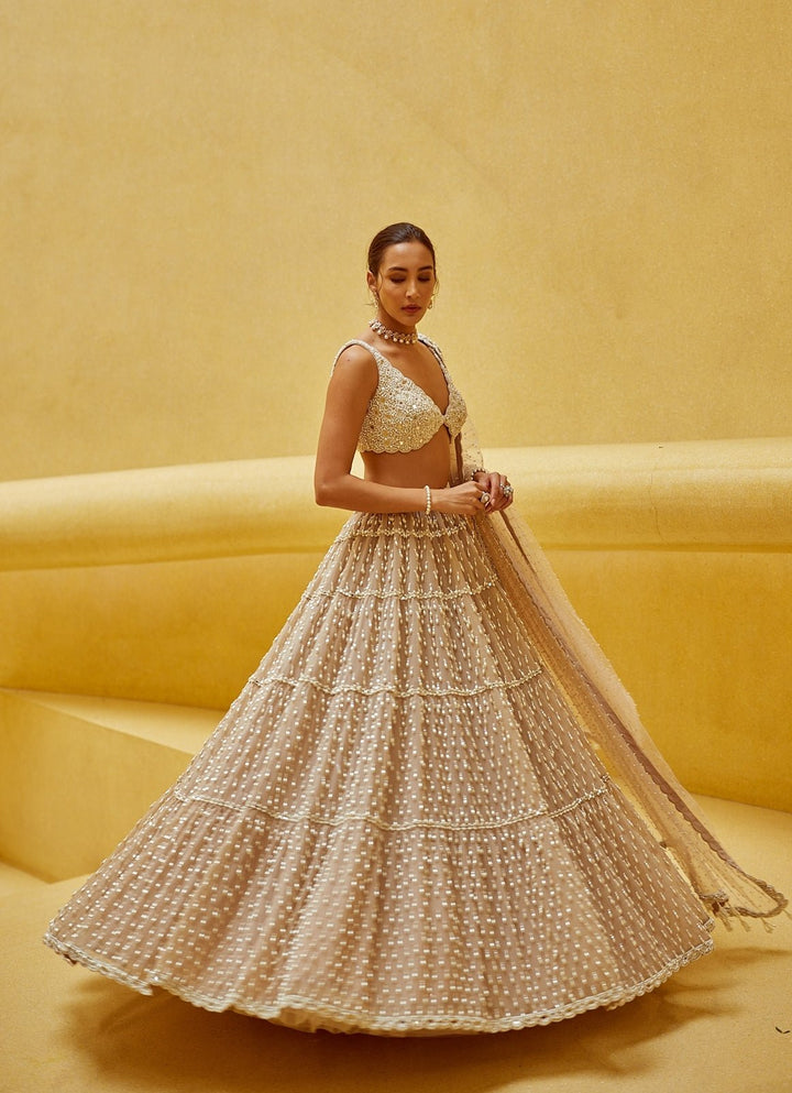 Beige Gold Tiered Georgette Lehenga Set Vvani by Vani Vats - Fabilicious Fashion
