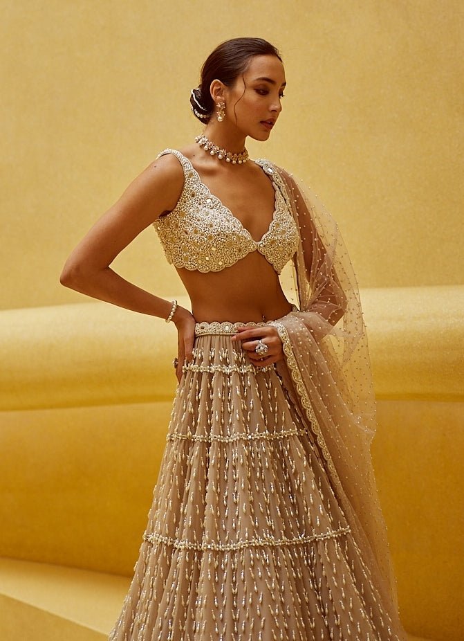 Beige Gold Tiered Georgette Lehenga Set Vvani by Vani Vats - Fabilicious Fashion