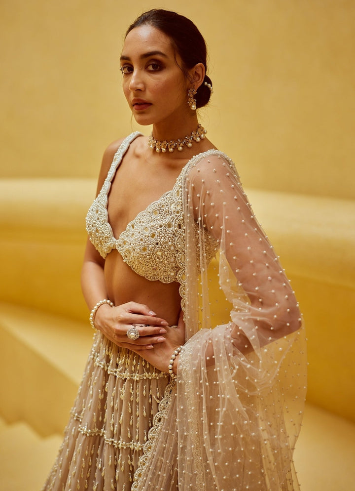 Beige Gold Tiered Georgette Lehenga Set Vvani by Vani Vats - Fabilicious Fashion