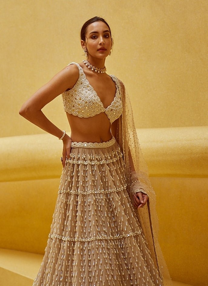 Beige Gold Tiered Georgette Lehenga Set Vvani by Vani Vats - Fabilicious Fashion