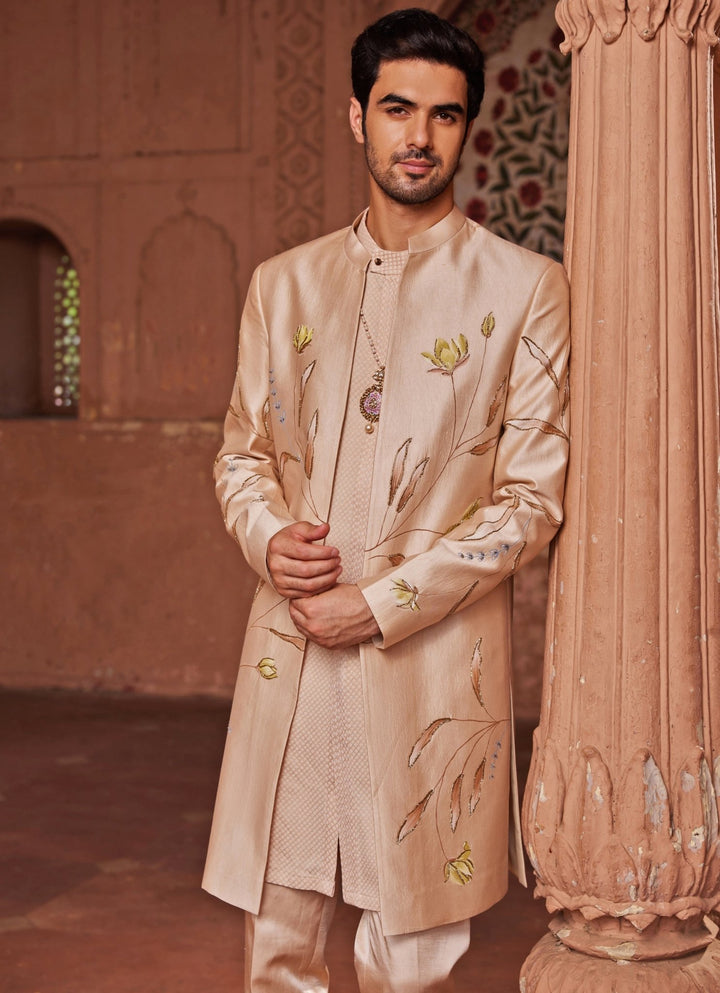 Beige Hand - Painted Sherwani Set Contrast By Parth - Fabilicious Fashion