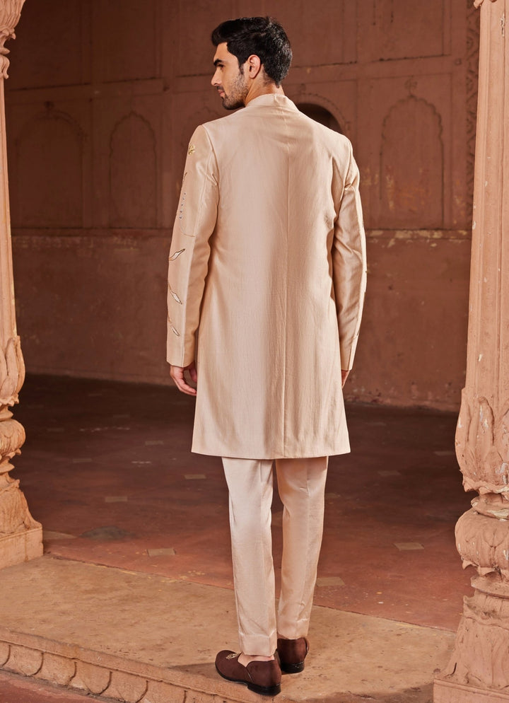Beige Hand - Painted Sherwani Set Contrast By Parth - Fabilicious Fashion